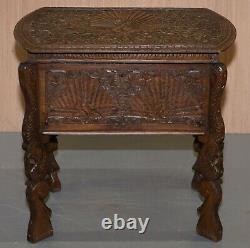 Circa 1880 Burmese Hand Carved Peacock Sewing Table Cupboard Chest Open Top