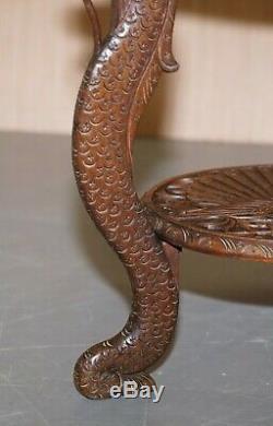 Circa 1880 Burmese Hand Carved Peacock Side End Lamp Wine Occasional Wood Table