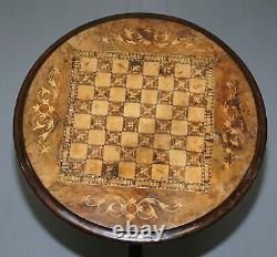 Circa 1880 Walnut & Mahogany Marquetry Inlaid Chess Games Table Tripod Base