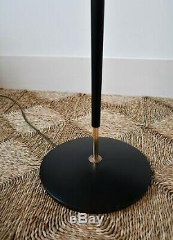 Danish Mid 20th C Black & Brass Reading Floor Standard Hall Side Table Sofa Lamp