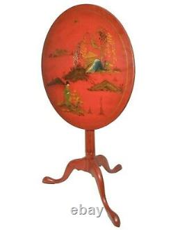 Early 20th C Chinoiserie Red Lacquered, Hand Painted Chippendale Tilt-top Table