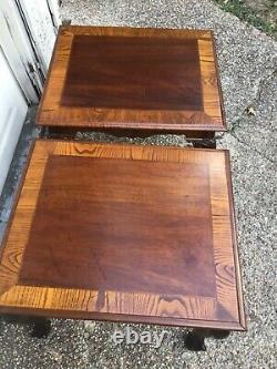 English Mahogany & Burled Wood Hand Carved Chippendale Ball and Claw End Tables