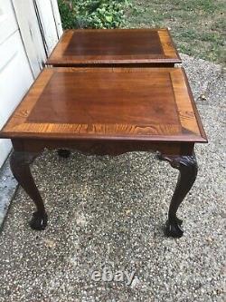 English Mahogany & Burled Wood Hand Carved Chippendale Ball and Claw End Tables