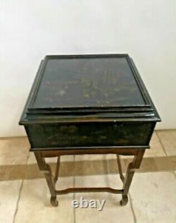 Ethan Allen Chairside Box on Stand Table Chest Asian Themed boxed leg felt lined