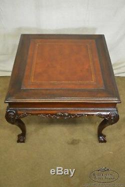Georgian Chippendale Style Carved Mahogany Tooled Leather Top Square Side Table