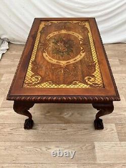 Gorgeous Antique Coffee Table Ball Claw Legs Hand carved Floral Painted Theme