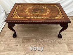 Gorgeous Antique Coffee Table Ball Claw Legs Hand carved Floral Painted Theme