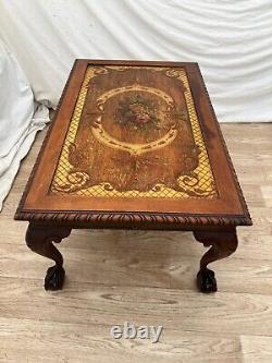 Gorgeous Antique Coffee Table Ball Claw Legs Hand carved Floral Painted Theme