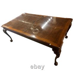 Henredon Chippendale Banded Mahogany & Burl Wood Dining Table 2 Leaves & Tags