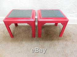 Hollywood Regency Chinese Chippendale Lacquered Mirrored Top End Tables