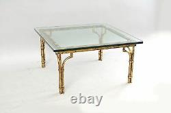 Italian Gold Gilt Iron & Glass Faux Bamboo Square Coffee Table Hollywood Regency