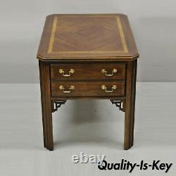 Lane Chinese Chippendale Mahogany Inlay Banded Top One Drawer Side End Table