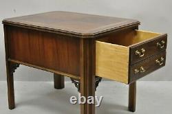 Lane Chinese Chippendale Mahogany Inlay Banded Top One Drawer Side End Table
