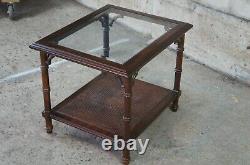 Lane Mid Century Walnut 2 Tier Chinese Chippendale Bamboo Glass Caned Side Table