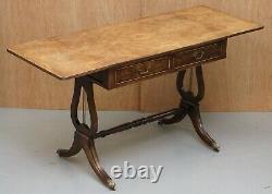 Large Extending Occasional Games Table In Burr Walnut Lion Paw Castors + Drawers