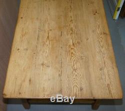 Large Wide Vintage Farmhouse Refectory Dining Table With Twin Stretchers In Pine
