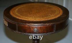Leather Topped Three Drawer Regency Style Drum Side End Lamp Table Bronze Plaque