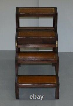 Lovely Edwardian Brown Leather Metamorphic Library Ladder Steps Coffee Table