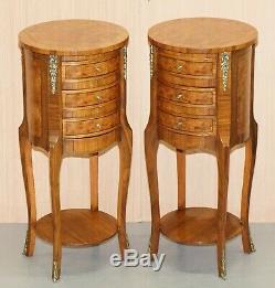 Lovely Pair Of Vintage French Burr Walnut Ormolu Mounted Side Tables Drawers