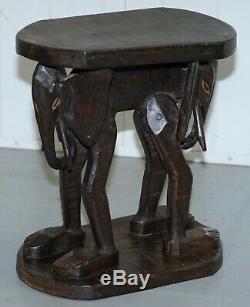 Lovely Pair Of Vintage Hand Carved Solid Wood Safari Tables Depicting Elephants