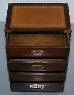 Lovely Side Table Sized Military Campaign Chest Of Drawers Brown Leather Top