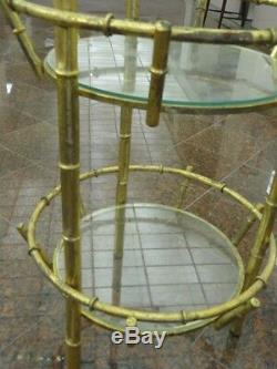 MID Century Faux Bamboo Chinese Chippendale Gilt Metal 2 Tier Glass Shelf Table