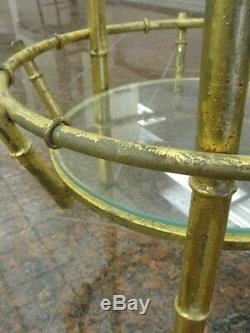 MID Century Faux Bamboo Chinese Chippendale Gilt Metal 2 Tier Glass Shelf Table
