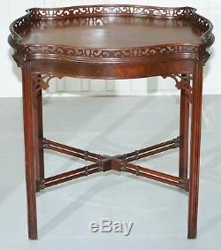 Mahogany Chinese Chippendale Silver Tea Occasional Table Fret Work Carved Famboo