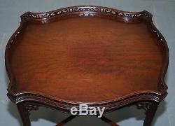 Mahogany Chinese Chippendale Silver Tea Occasional Table Fret Work Carved Famboo