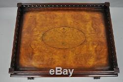 Mahogany Chinese Chippendale Style Small Coffee Table Burl Wood Inlay & Fretwork