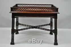 Mahogany Chinese Chippendale Style Small Coffee Table Burl Wood Inlay & Fretwork