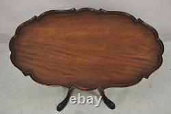 Mahogany Chippendale Style Tilt Top Pedestal Base Scalloped Oval Coffee Table