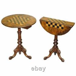 Matching Pair Of Victorian Burl & Burr Walnut Chessboard Tripod Base Side Tables
