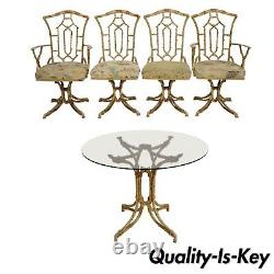 Metal Faux Bamboo Chinese Chippendale 5 Pc Dining Set 4 Chairs Round Glass Table
