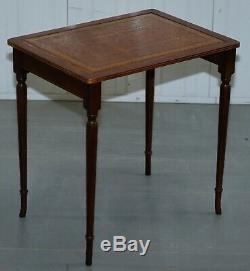 Nest Of Three Mahogany With Brown Leather Top And Gold Leaf Embossed Side Tables