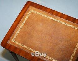 Nest Of Three Mahogany With Brown Leather Top And Gold Leaf Embossed Side Tables