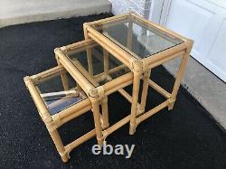 Nesting Tables Set of 3, Boho Vintage, Rattan & Stylized Bamboo