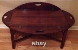 Old Chippendale Mahogany Banded Brass Drop Leaf Butler Tray Top Coffee Table USA