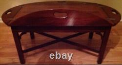 Old Chippendale Mahogany Banded Brass Drop Leaf Butler Tray Top Coffee Table USA
