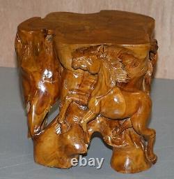 Original Pair, Root Wood Carved Equestrian Galloping Horse Side End Lamp Tables