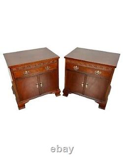 PAIR Baker Furniture Chippendale Carved Mahogany Nightstands Side Tables