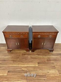 PAIR Baker Furniture Chippendale Carved Mahogany Nightstands Side Tables