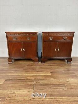 PAIR Baker Furniture Chippendale Carved Mahogany Nightstands Side Tables