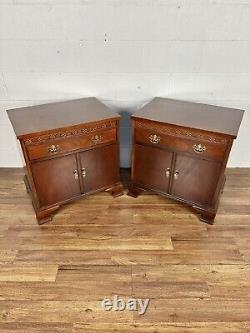 PAIR Baker Furniture Chippendale Carved Mahogany Nightstands Side Tables