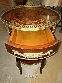 PU ONLY! Wooden Mahogany Round 2-Tier Table with Leather Inlay & Brass Accents