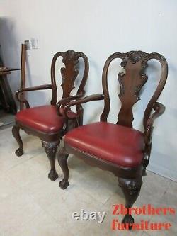 Pair Ethan Allen Mahogany Chippendale Carved Dining Room Arm Chairs Ball Claw