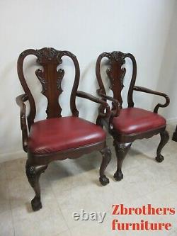 Pair Ethan Allen Mahogany Chippendale Carved Dining Room Arm Chairs Ball Claw