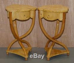 Pair Of Burr Maple Ornately Sculpted Art Deco Style Single Drawer Side Tables