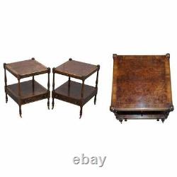 Pair Of Burr Walnut Side Lamp End Wine Tables Brown Leather Butlers Serving Tray