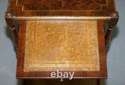 Pair Of Burr Walnut Side Lamp End Wine Tables Brown Leather Butlers Serving Tray